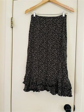 VTG Y2K 90s Cottagecore LA City France Floral Ruffle Hem Midi Skirt Black 38
